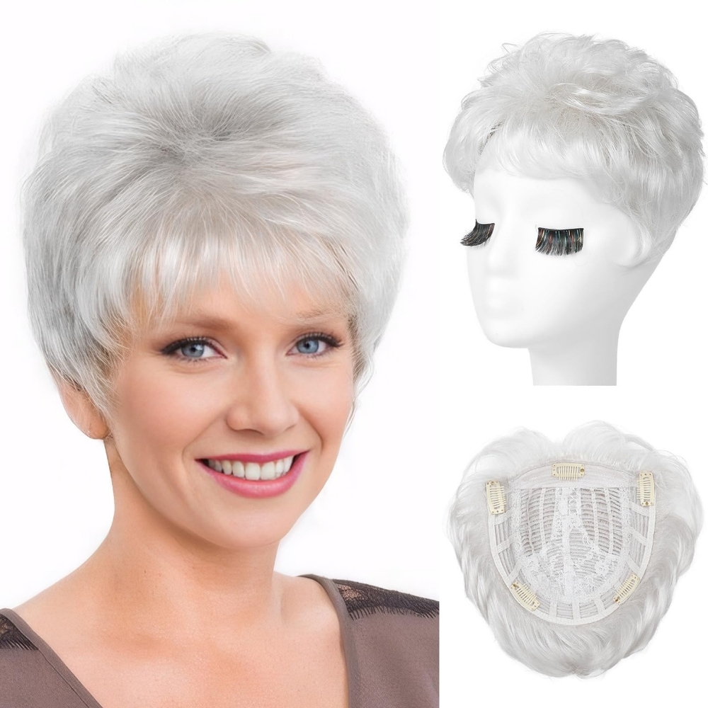 Hair Topper,‎ Short Wiglet Hair Topper for Women Synthetic Silver White